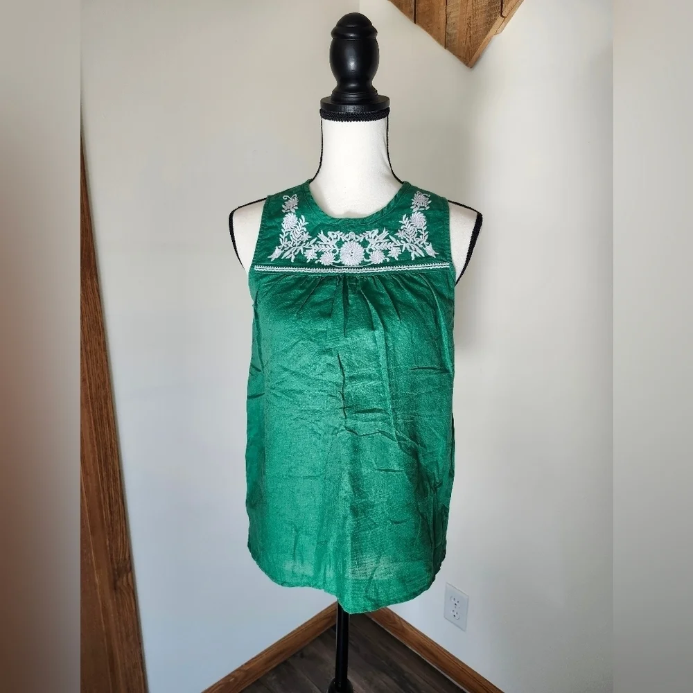 J. Crew Green Sleeveless Blouse with White Floral Embroidery
